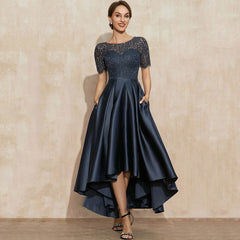 Navy Blue Satin Ball Lace Short Sleeve Dress