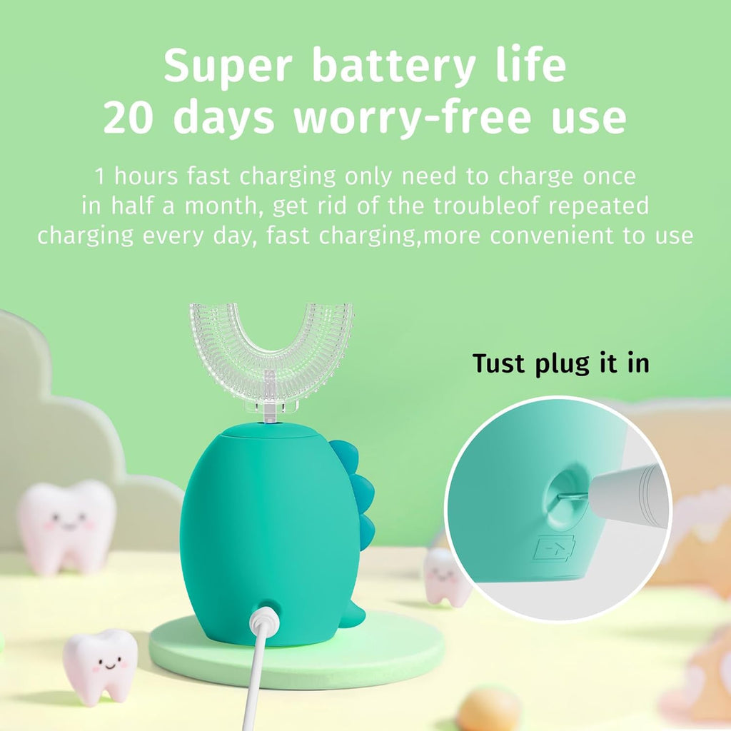 Kids U Shaped Electric Toothbrush，Auto Sonic Baby Toothbrush，Cartoon Dinosaur 360-Degree Cleaning IPX7 Waterproof Design（2-7Y）
