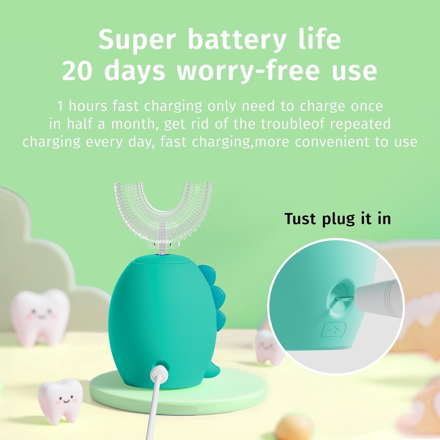 Kids U Shaped Electric Toothbrush，Auto Sonic Baby Toothbrush，Cartoon Dinosaur 360-Degree Cleaning IPX7 Waterproof Design（2-7Y）