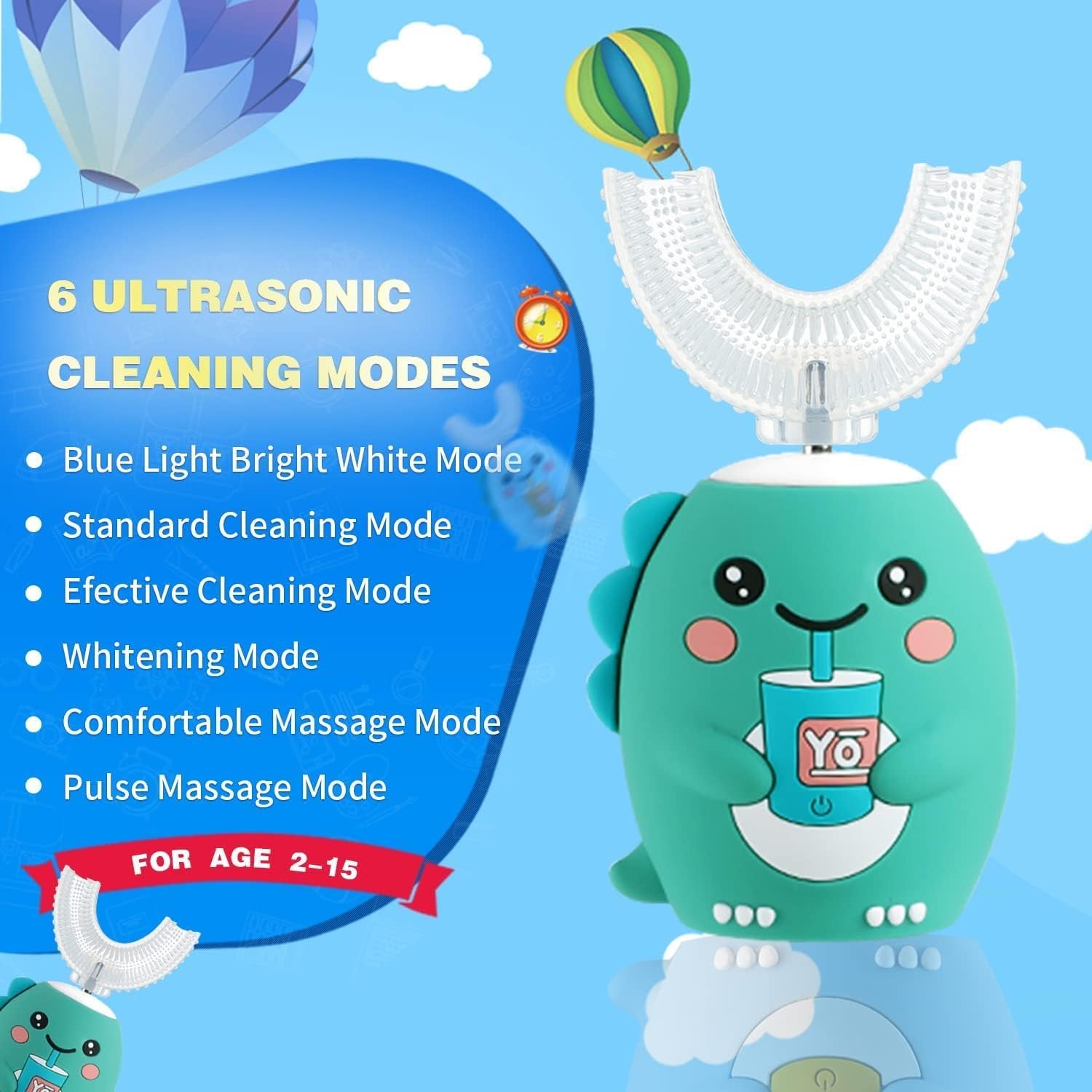 Kids U Shaped Electric Toothbrush，Auto Sonic Baby Toothbrush，Cartoon Dinosaur 360-Degree Cleaning IPX7 Waterproof Design（2-7Y）