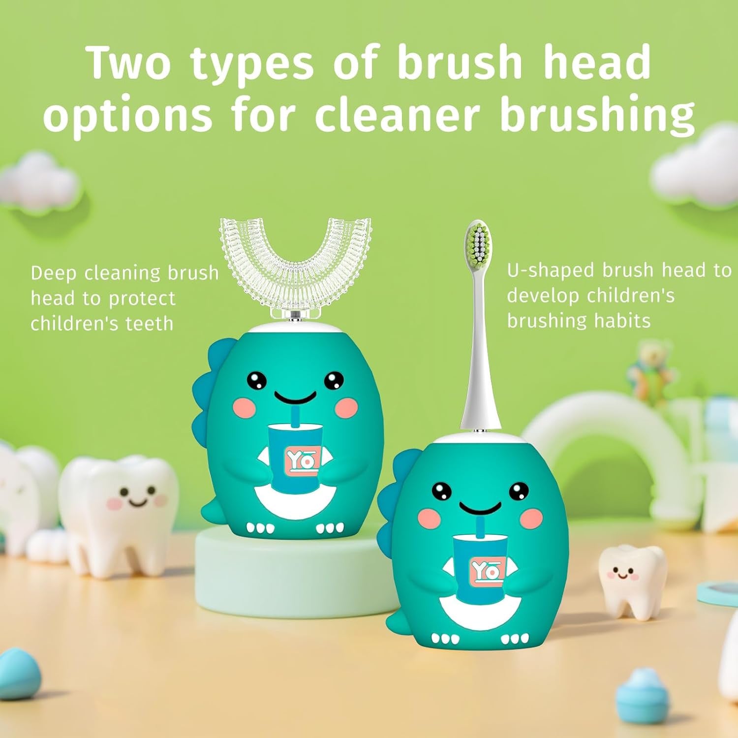 Kids U Shaped Electric Toothbrush，Auto Sonic Baby Toothbrush，Cartoon Dinosaur 360-Degree Cleaning IPX7 Waterproof Design（2-7Y）