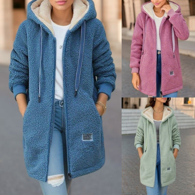 Winter Fleece Hooded Jacket Fashion Casual Zip-up Pockets Long Sweatshirt Warm Commuter Women's Clothing
